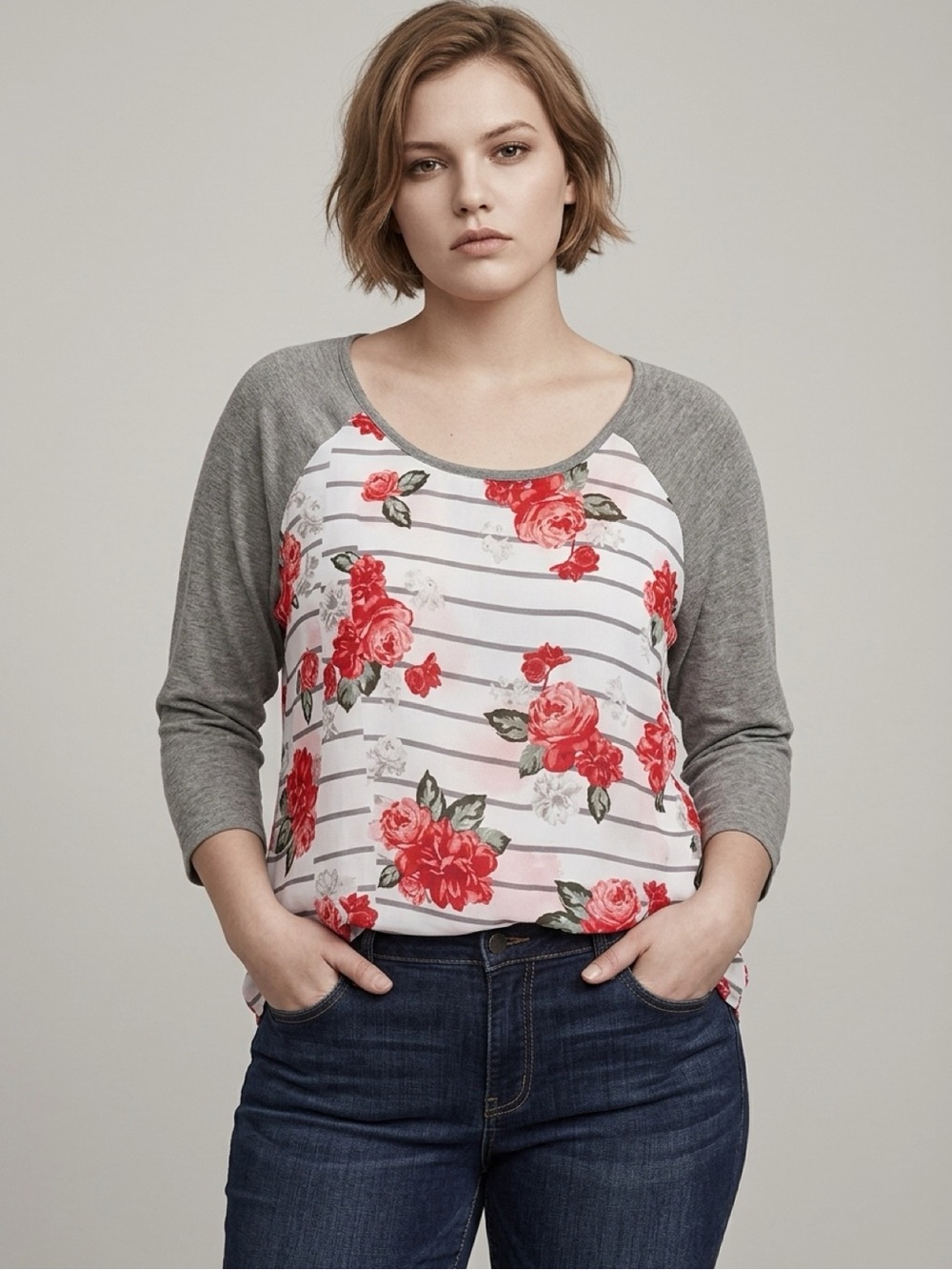 Torrid Gray and Red Floral Stripe Blouse
